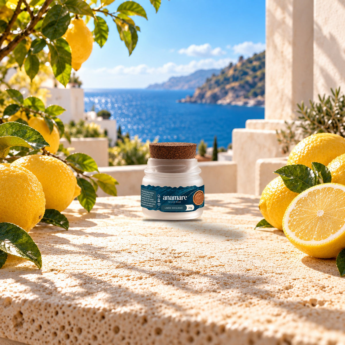 Vela aromática Petit 25 g Limão Siciliano sobre bancada de pedra, entre limões sicilianos, com o mar ao fundo