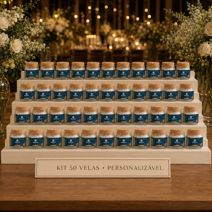 Kit de 50 lembrancinhas Anamare: velas Petit de 25 g em potes de vidro com tampa de cortiça e rótulo personalizado, em expositor de quatro degraus com placa gravada, diante do salão de festa iluminado