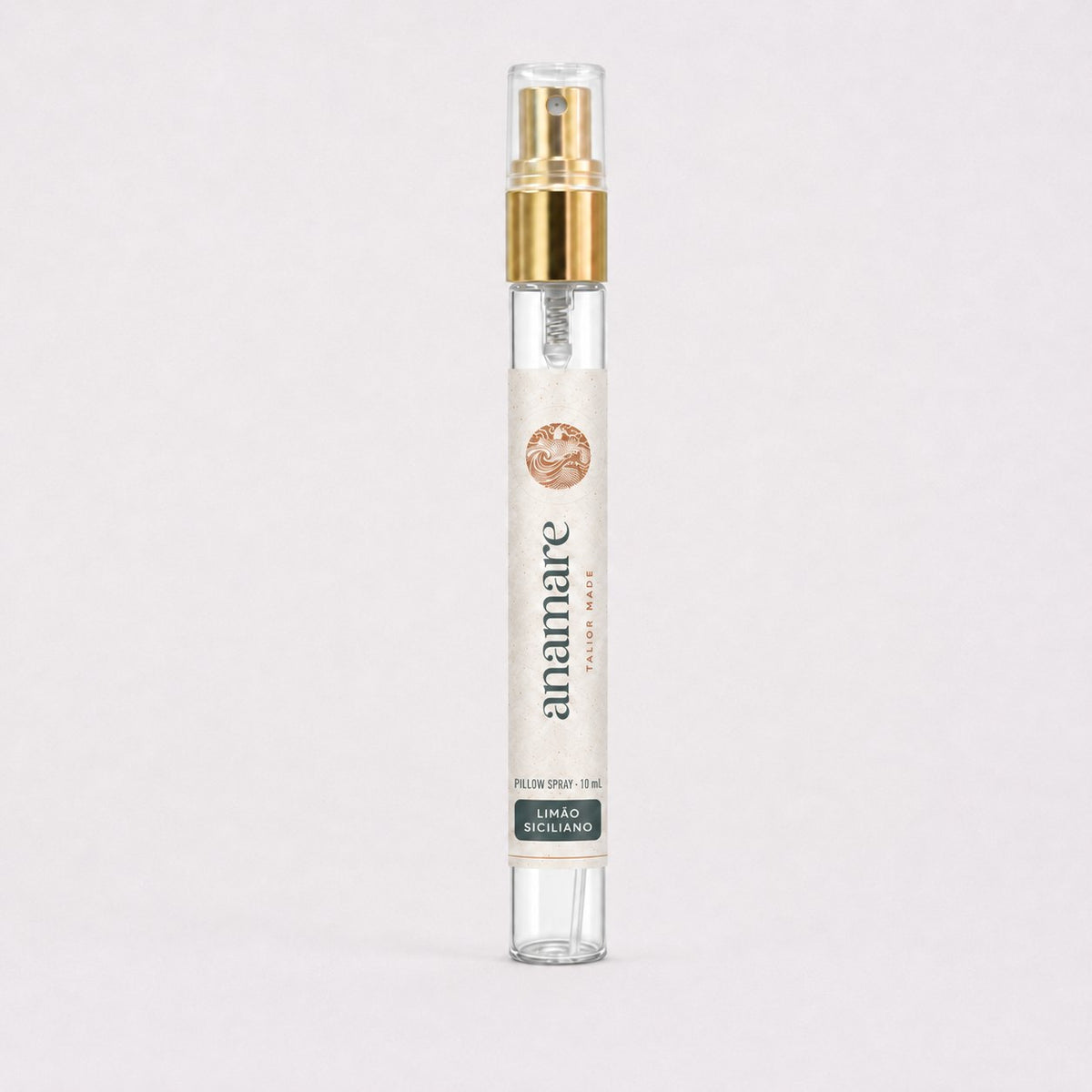 Pillow Spray Limão Siciliano 10 mL, flaconete de vidro com válvula spray dourada e rótulo Anamare, sobre fundo claro