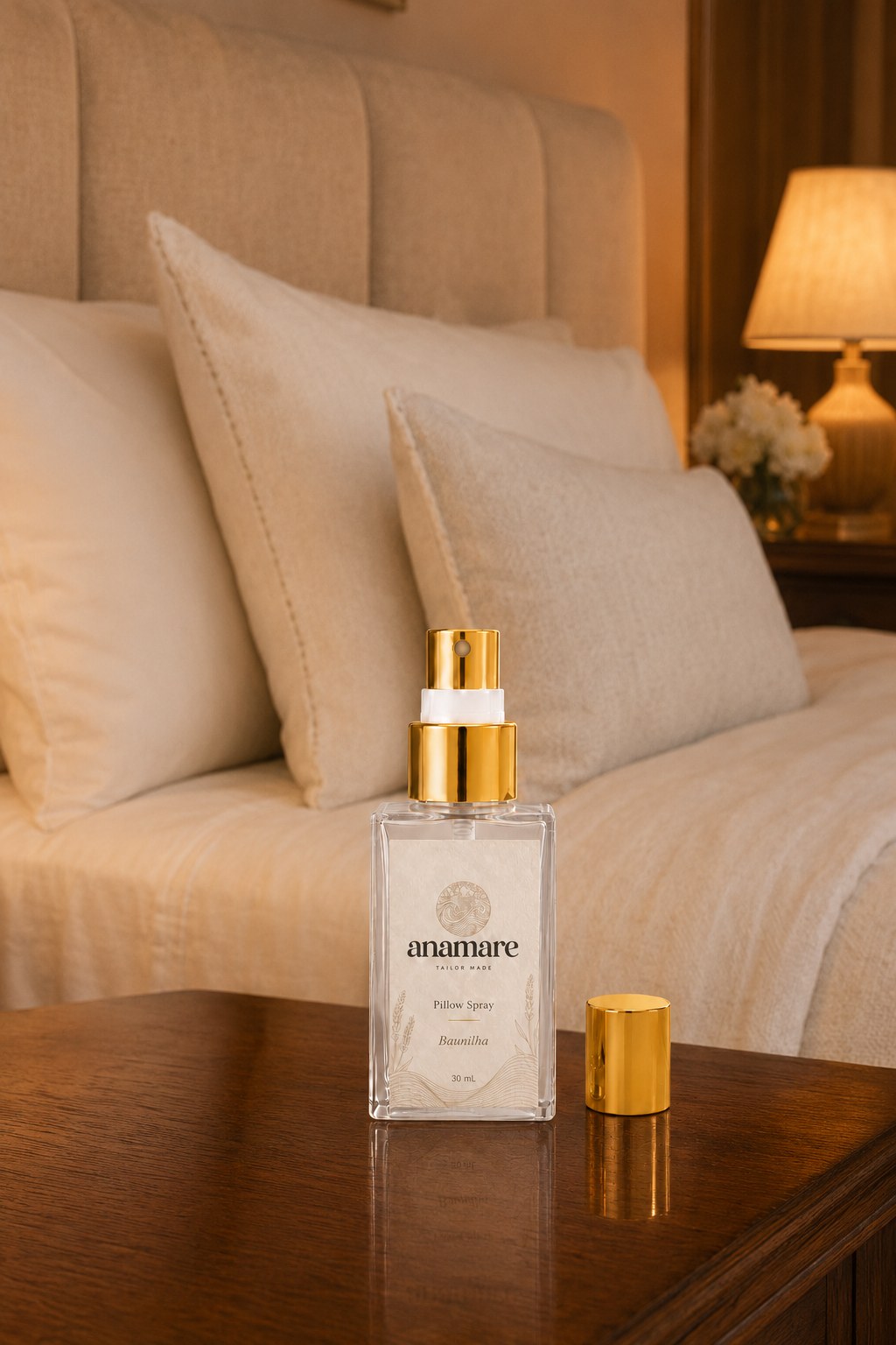 Pillow Spray Baunilha 30 mL, frasco de vidro com válvula e tampa douradas, em quarto aconchegante em tons de creme com cabeceira capitonê e abajur aceso, sobre criado-mudo de madeira escura