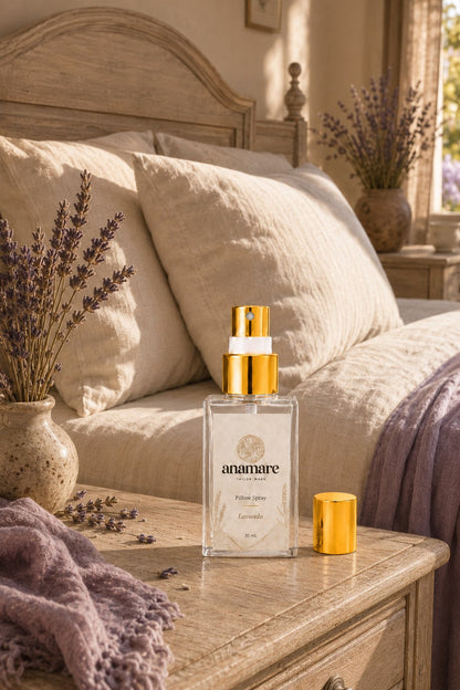 Pillow Spray Lavanda 30 mL, frasco de vidro com válvula e tampa douradas, em quarto provençal com cabeceira de madeira clara, lavandas secas em vaso de cerâmica e manta lilás, em luz de fim de tarde