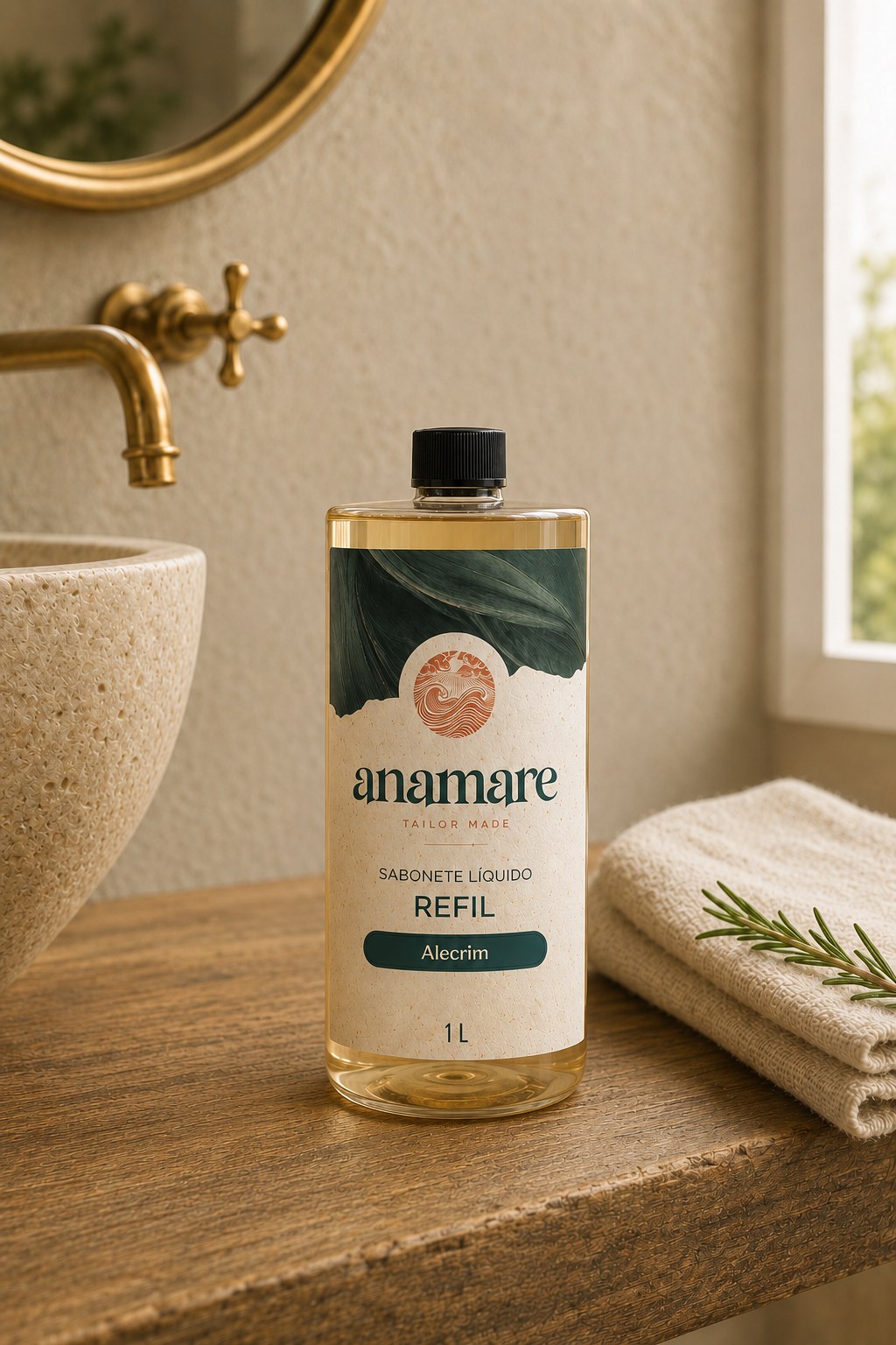 Refil de Sabonete Líquido Anamare de 1 litro, frasco transparente com tampa preta e rótulo de papel com faixa verde, sobre bancada de madeira em lavabo com cuba de pedra, torneira dourada, espelho redondo e toalha de linho com ramo de alecrim