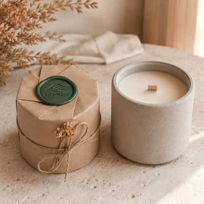 Refil de vela aromática Anamare de 200 g embrulhado em papel kraft com selo de lacre verde e barbante de juta, ao lado do copo de concreto vazio com pavio de madeira, sobre bancada de travertino com ramos secos e tecido de linho ao fundo