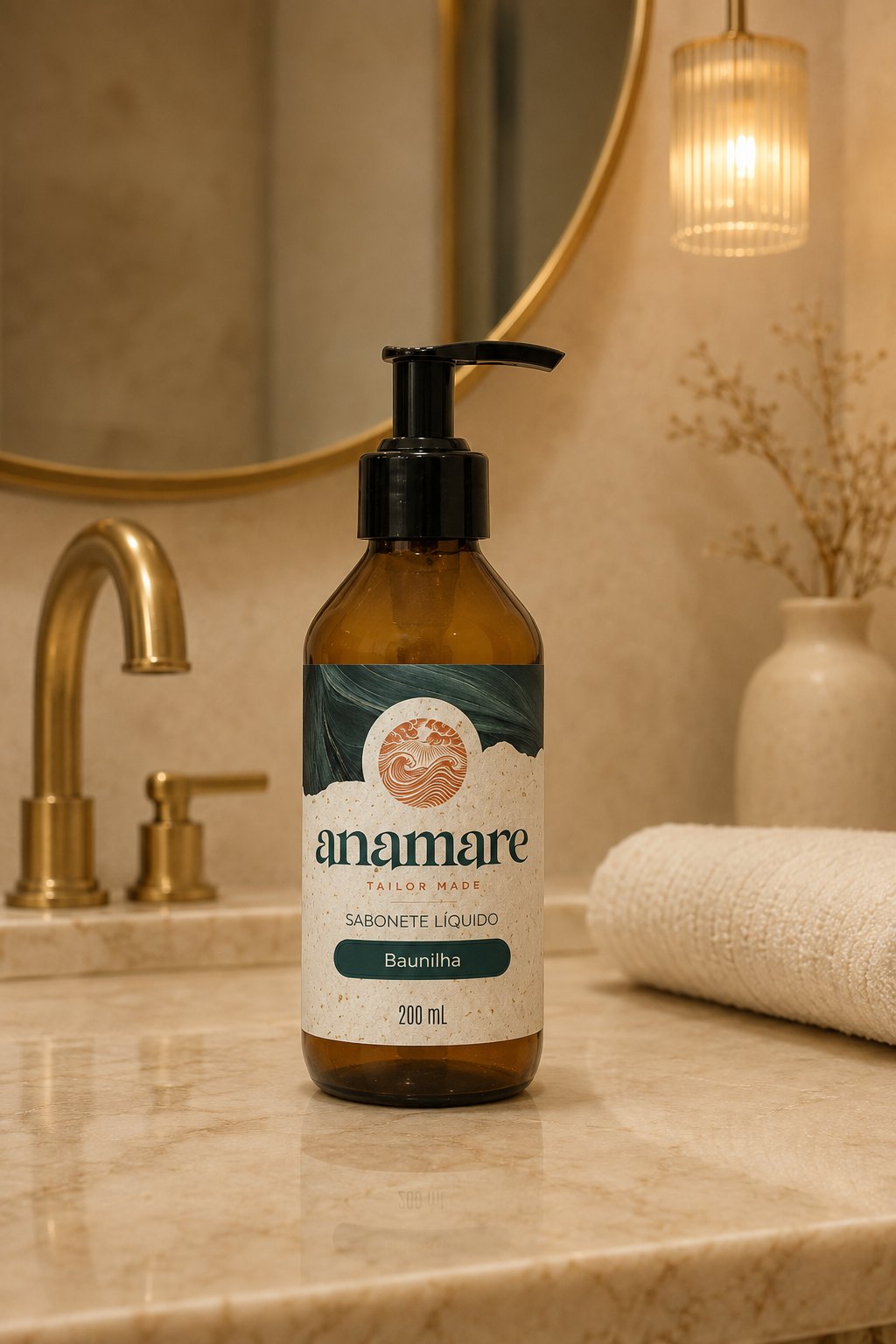 Sabonete Líquido para as Mãos Baunilha 200 mL, frasco âmbar com válvula pump preta, em bancada de banheiro com cuba de pedra e a fragrância representada ao lado
