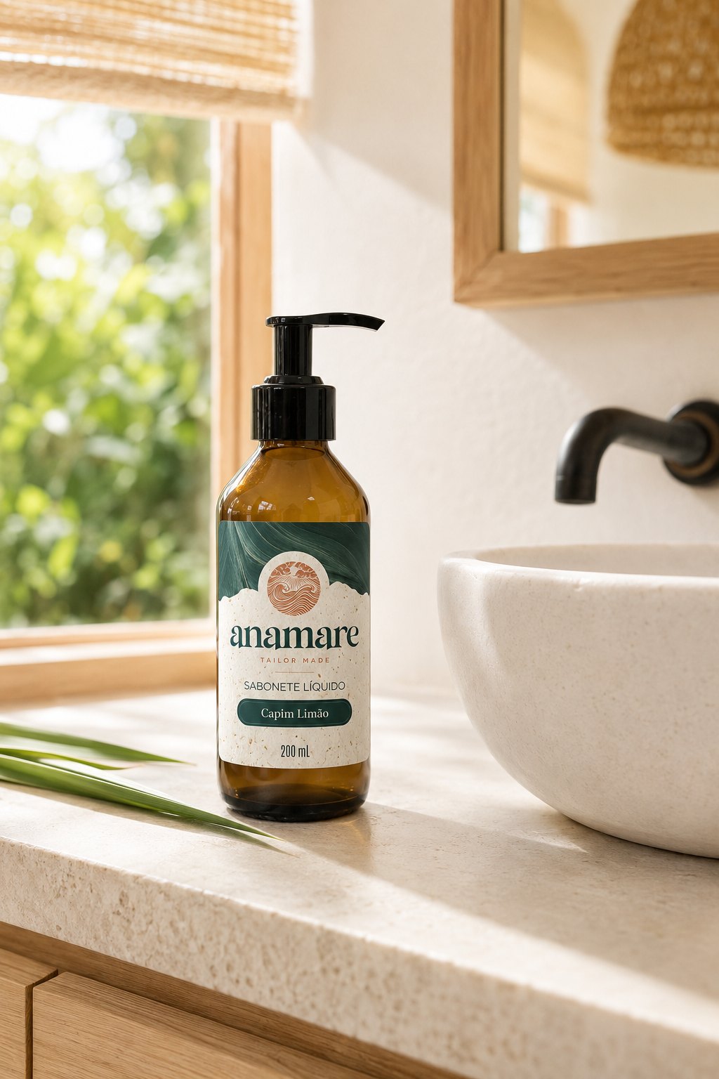 Sabonete Líquido para as Mãos Capim Limão 200 mL, frasco âmbar com válvula pump preta, em bancada de banheiro com cuba de pedra e a fragrância representada ao lado