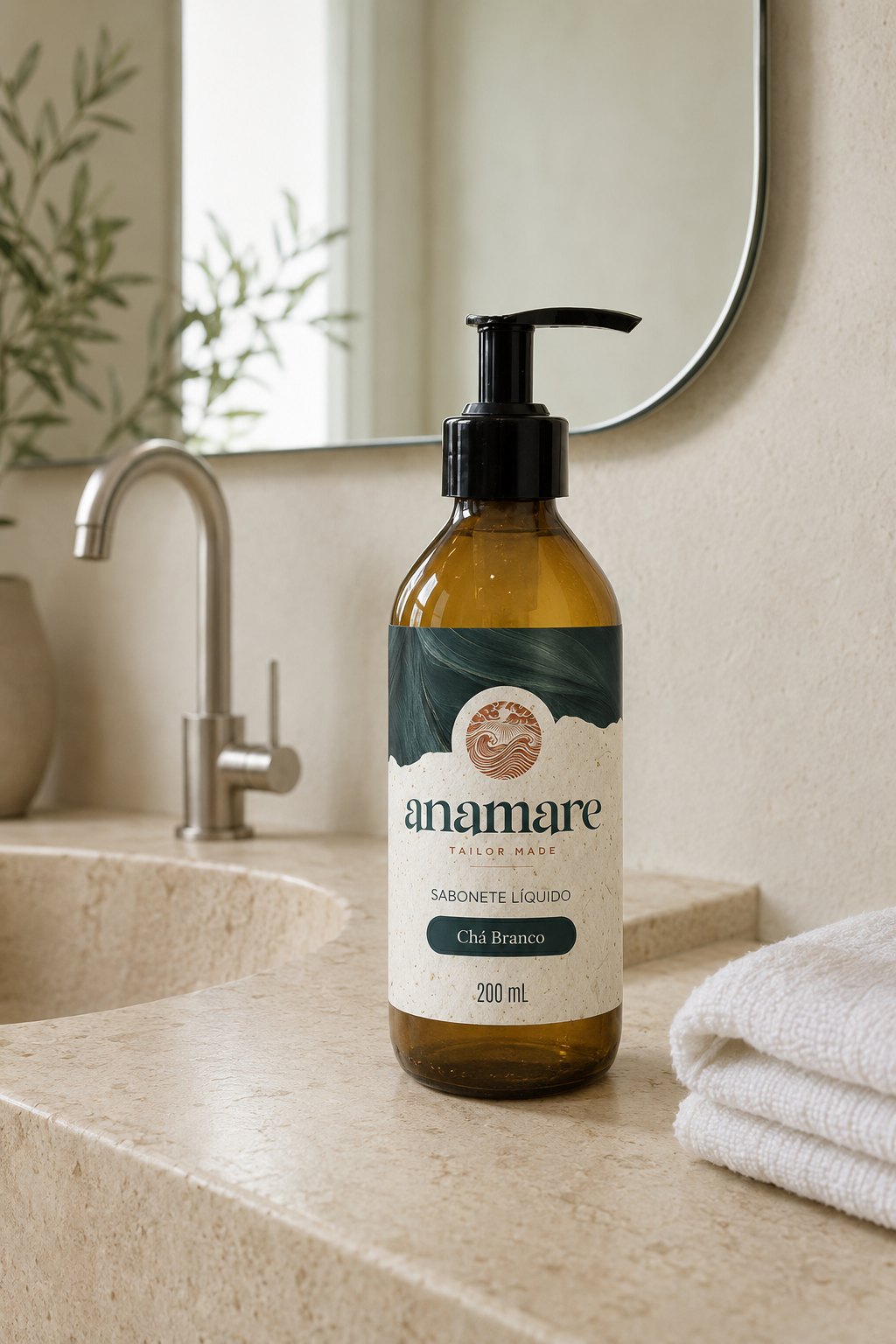 Sabonete Líquido para as Mãos Chá Branco 200 mL, frasco âmbar com válvula pump preta, em bancada de banheiro com cuba de pedra e a fragrância representada ao lado
