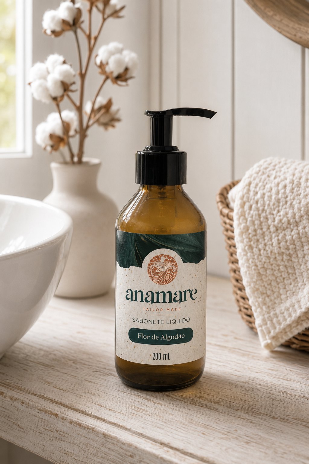 Sabonete Líquido para as Mãos Flor de Algodão 200 mL, frasco âmbar com válvula pump preta, em bancada de banheiro com cuba de pedra e a fragrância representada ao lado