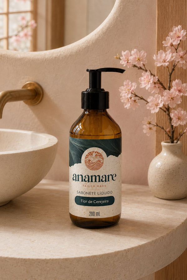 Sabonete Líquido para as Mãos Flor de Cerejeira 200 mL, frasco âmbar com válvula pump preta, em bancada de banheiro com cuba de pedra e a fragrância representada ao lado