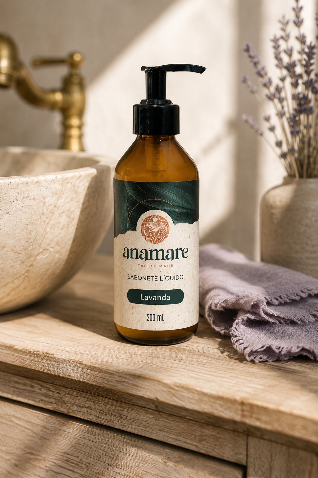 Sabonete Líquido para as Mãos Lavanda 200 mL, frasco âmbar com válvula pump preta, em bancada de banheiro com cuba de pedra e a fragrância representada ao lado