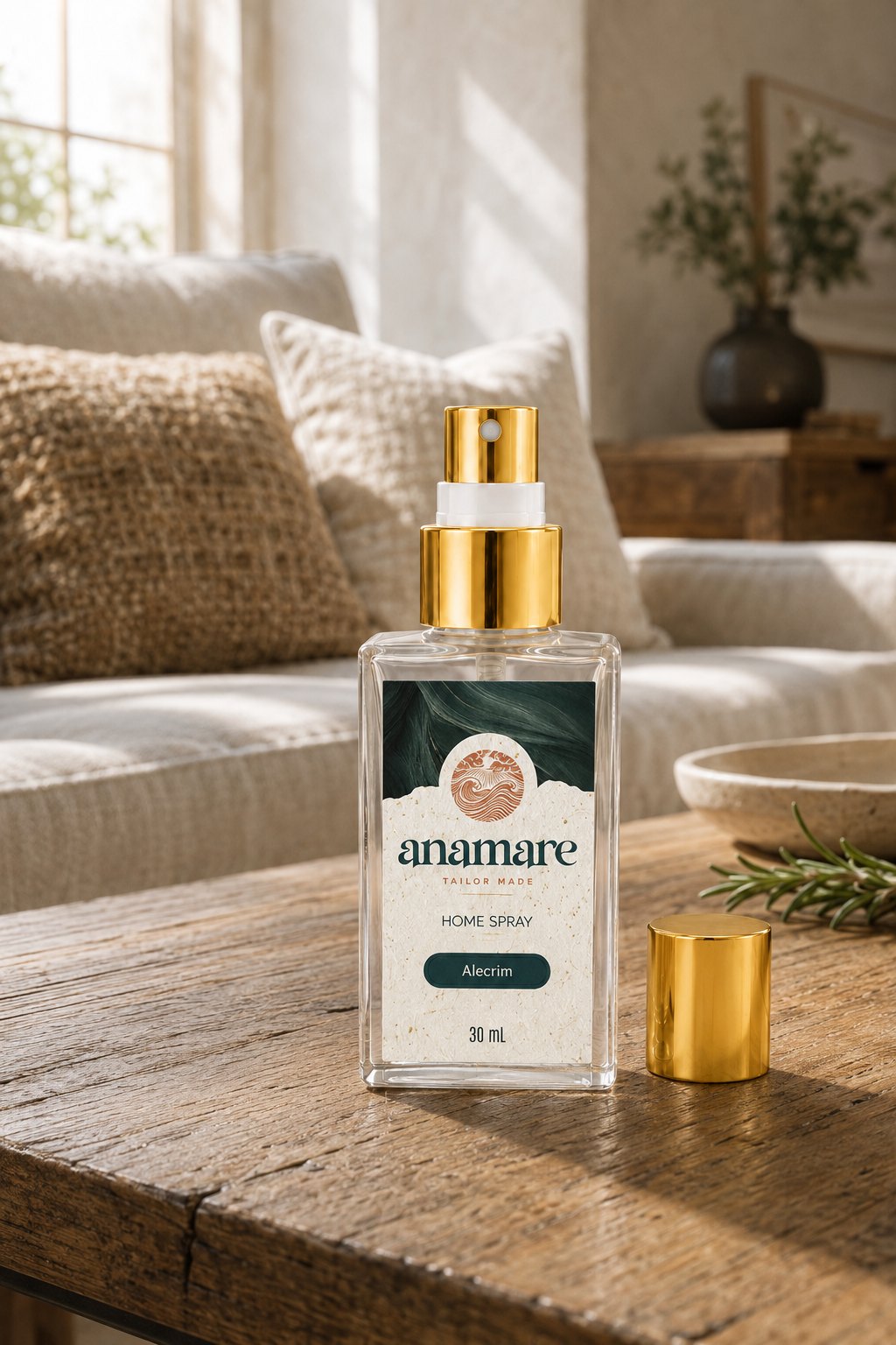 Home Spray Alecrim Pocket 30 mL, frasco de vidro com válvula spray e tampa dourada, em cena de sala com a fragrância representada ao lado