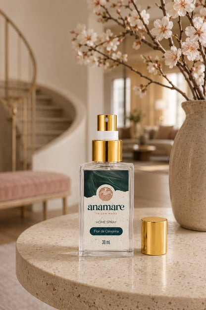 Home Spray Flor de Cerejeira Pocket 30 mL, frasco de vidro com válvula spray e tampa dourada, em cena de sala com a fragrância representada ao lado