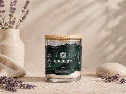 Vela Aromática Chá Branco Deux 250 g, pote largo de vidro com dois pavios e tampa de madeira