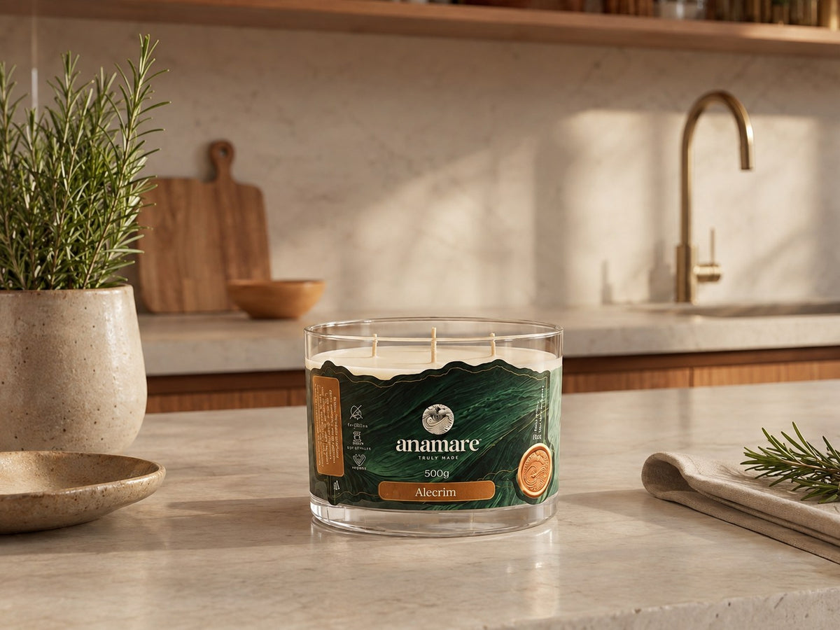 Vela Aromática Alecrim Signature 500 g com três pavios de madeira, pote de vidro grosso em bancada de cozinha com vaso de alecrim e tabua de madeira