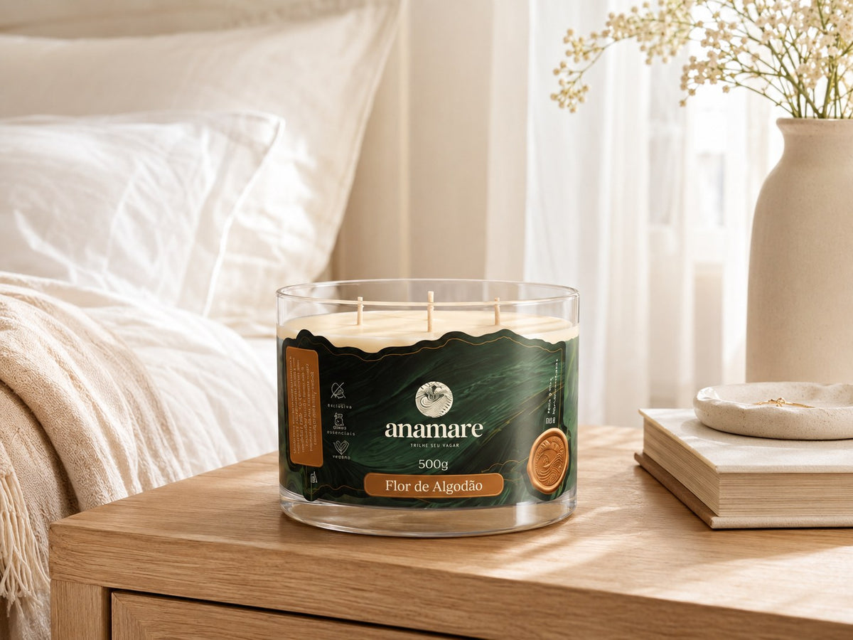 Vela Aromática Flor de Algodão Signature 500 g com três pavios de madeira, pote de vidro grosso em mesa de cabeceira com gipsofila e roupa de cama branca