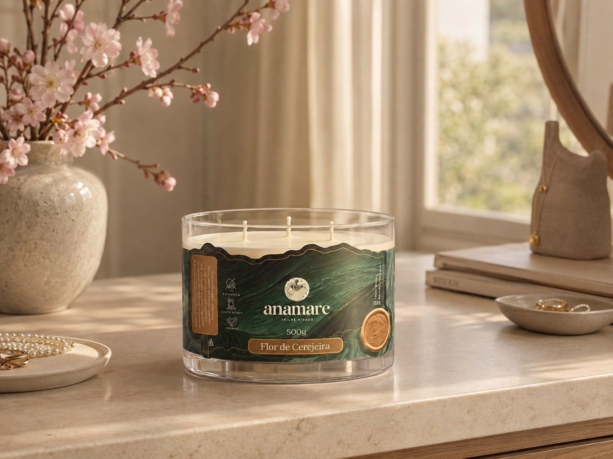 Vela Aromática Flor de Cerejeira Signature 500 g com três pavios de madeira, pote de vidro grosso em penteadeira junto a janela com ramo de cerejeira florido