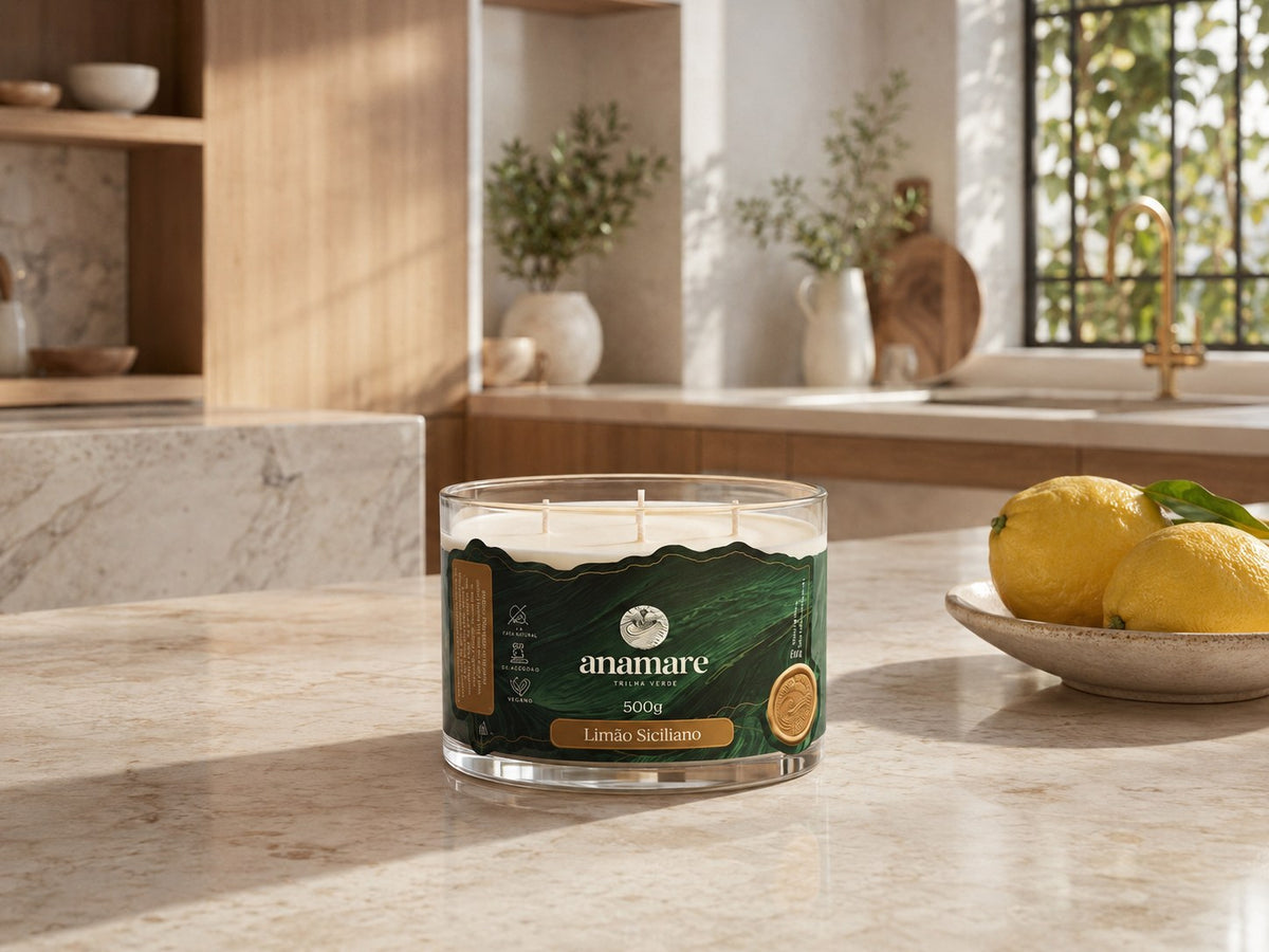 Vela Aromática Limão Siciliano Signature 500 g com três pavios de madeira, pote de vidro grosso em bancada de cozinha em marmore com limoes-sicilianos